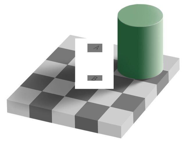 Modified from "Grey square optical illusion" by Original by Edward H. Adelson, this file by Gustavb - File created by Adrian Pingstone, based on the original created by Edward H. Adelson. Licensed under Copyrighted free use via Wikimedia Commons - http://commons.wikimedia.org/wiki/File:Grey_square_optical_illusion.PNG#mediaviewer/File:Grey_square_optical_illusion.PNG